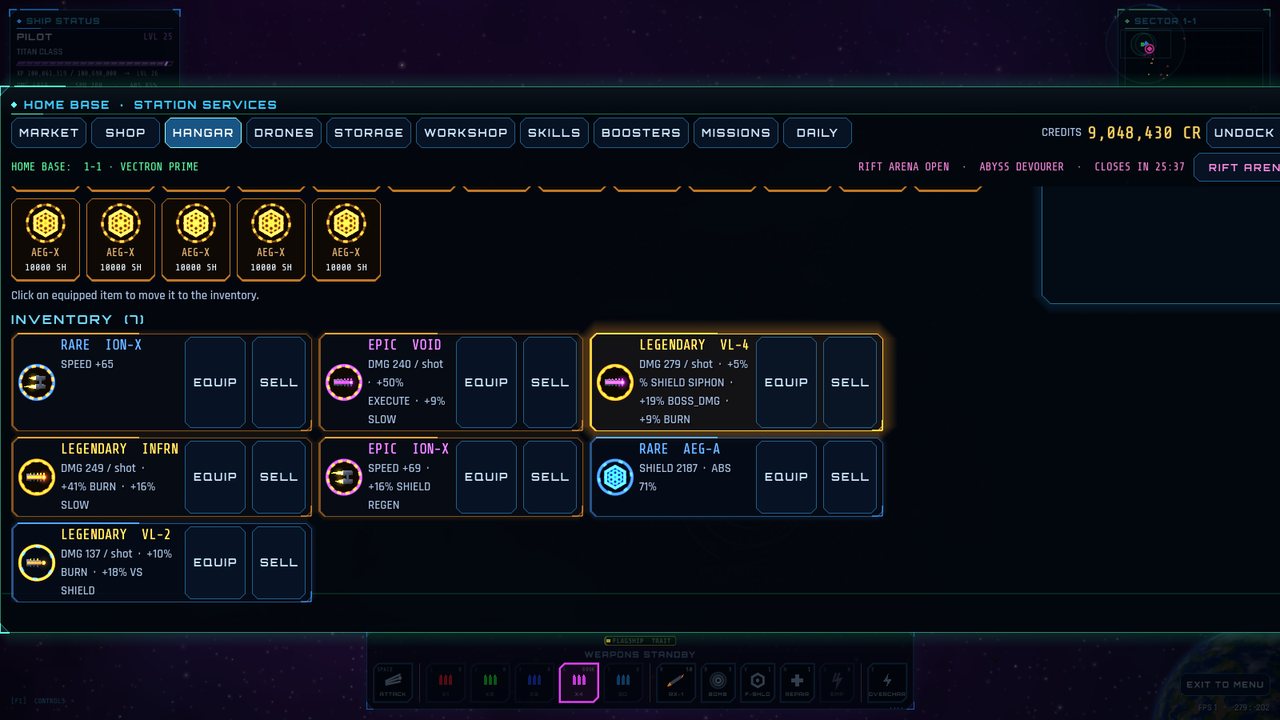 Rare, epic and legendary gear in the hangar